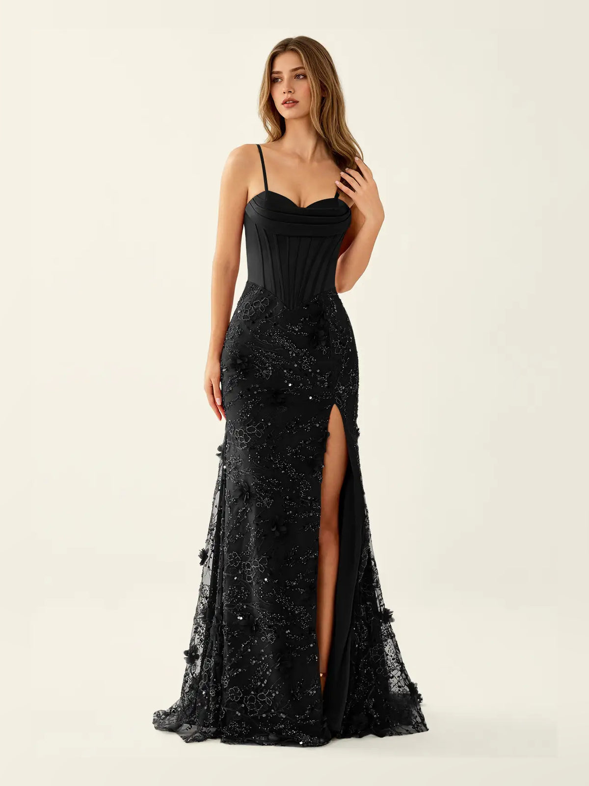 Corset Side-Slit Floral Slit Sweetheart Mermaid Maxi Prom Dress for Ballroom Event