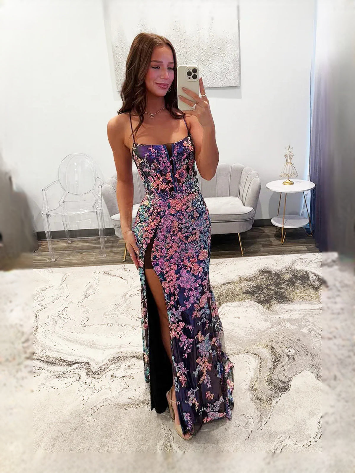 Black Corset Side-Slit Floral Slit Square Neck Mermaid Floor-Length Prom Dress for Awards Dinner