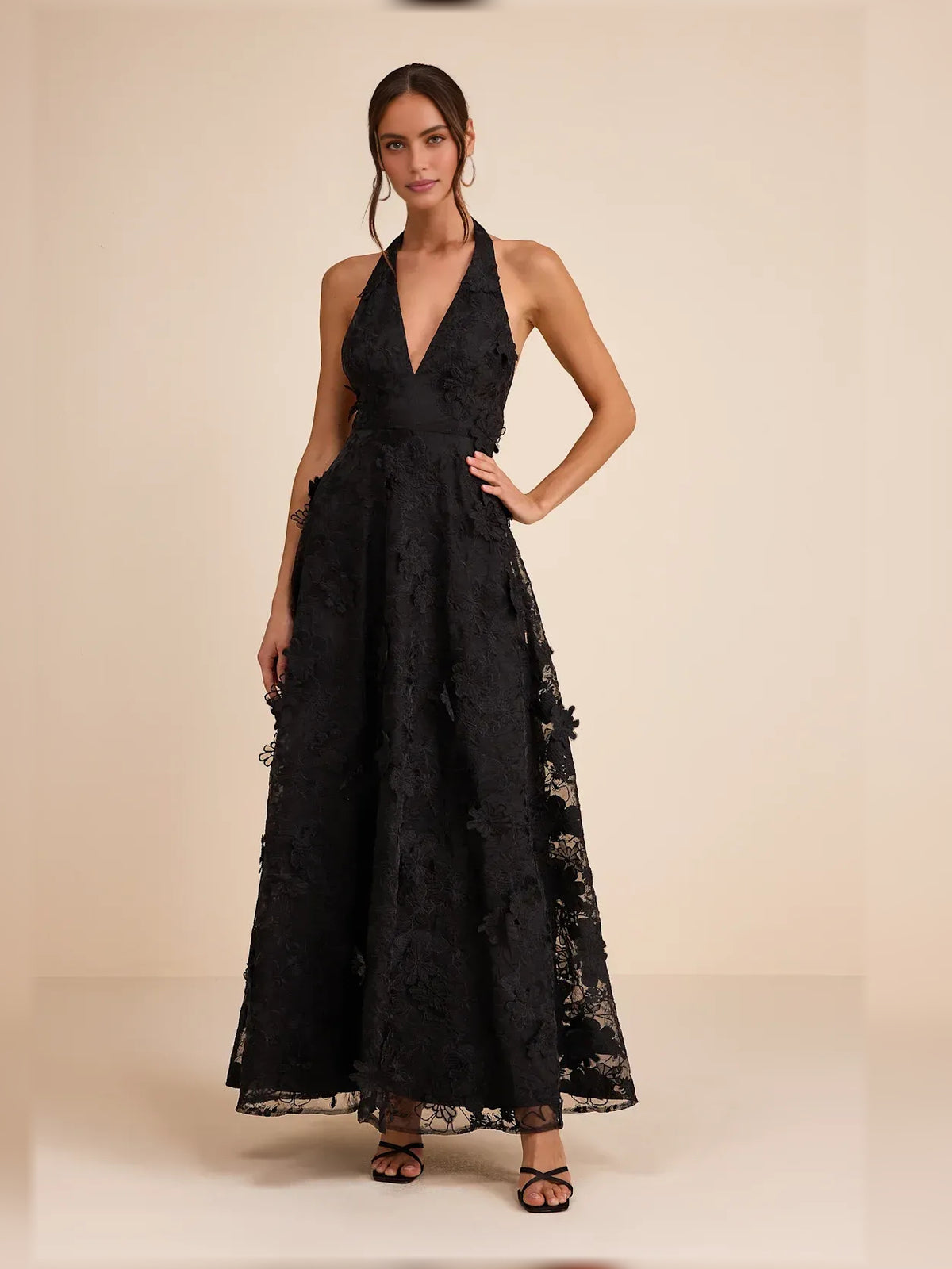 Floral Print Halter Neck Floral Appliqué Maxi Formal Dress