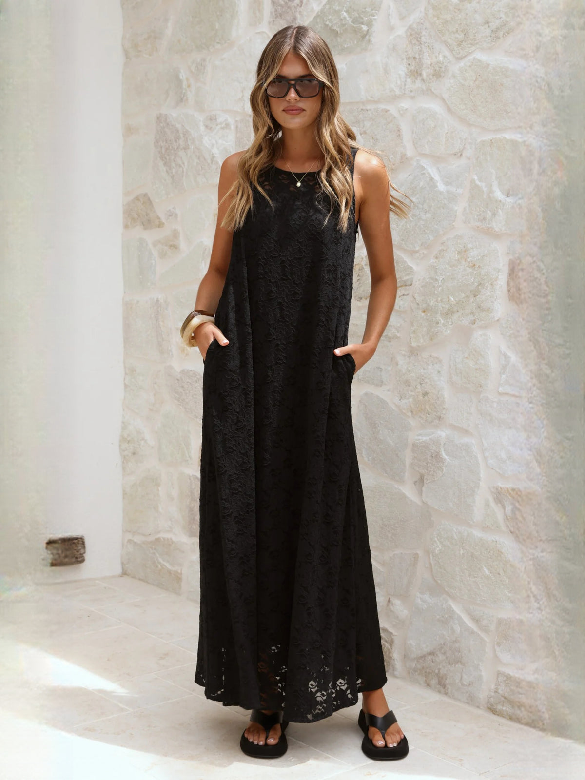 Black V Neck A-Line Lace Maxi Formal Dress