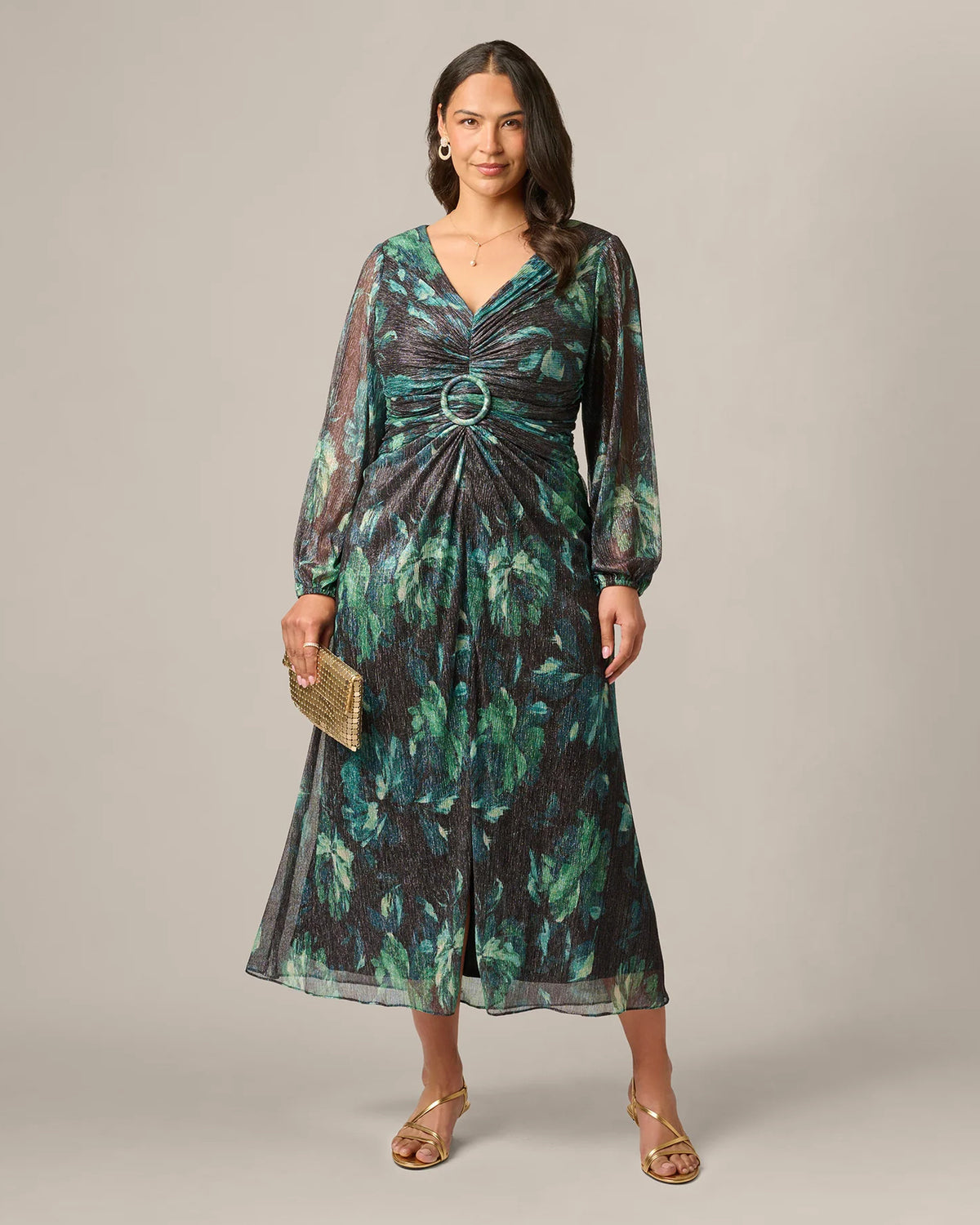 Floral Print Ruched Long-Sleeve A-Line Maxi Mother of the Bride Dress for Black Tie Wedding
