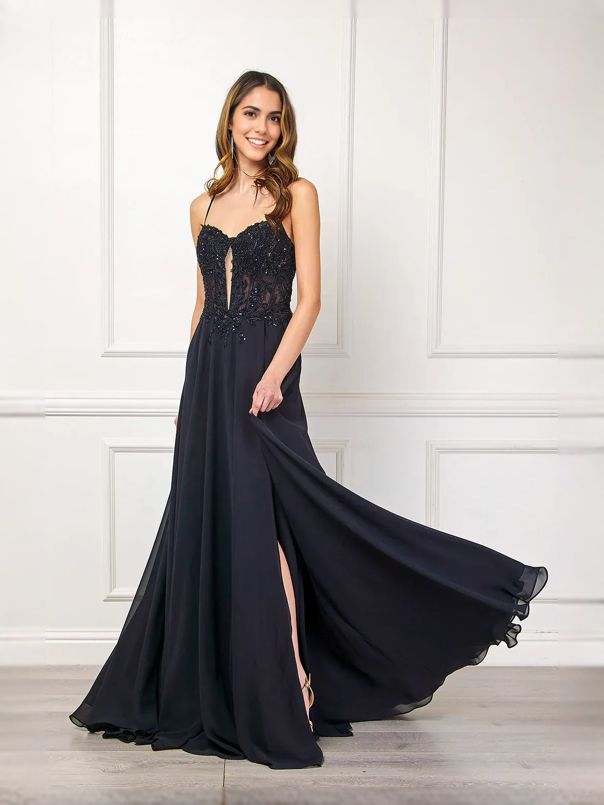 Black Corset Front-Slit Slit Sweetheart A-Line Floor-Length Chiffon Prom Dress for Evening Ceremony