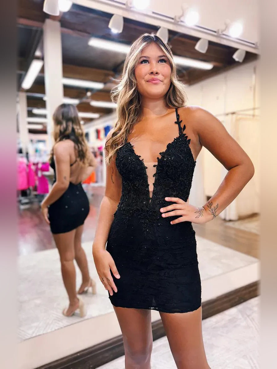 Cut-Out Flower-Applique Floral Plunging Neckline Bodycon Mini Homecoming Dress for Anniversary Dinner