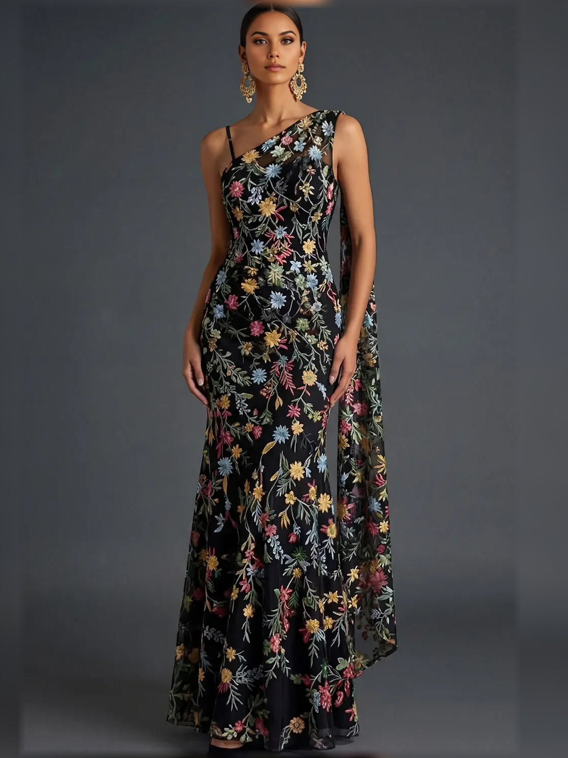 Floral Print One-Shoulder Open Back Floor-Length Formal Dress
