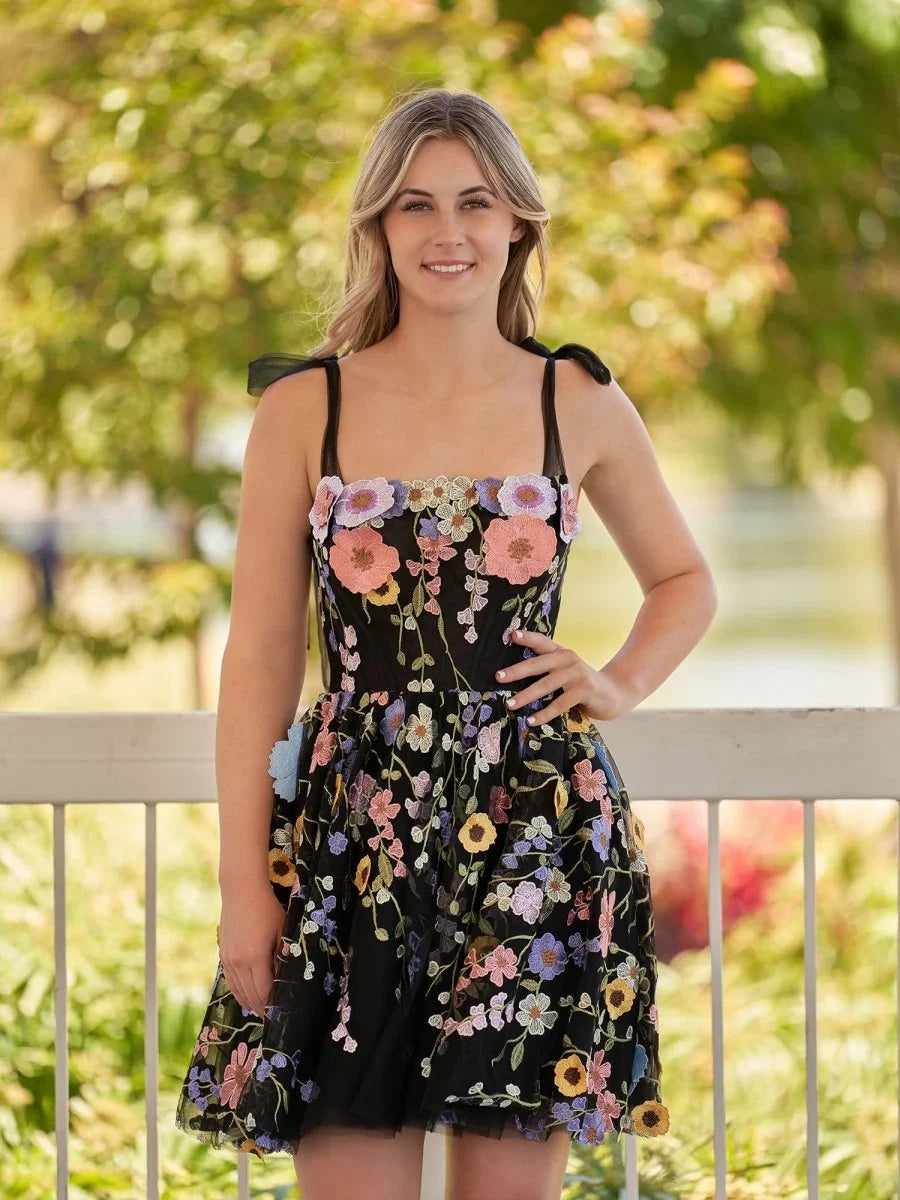 Corset Tiered Floral Ruffled Square Neck A-Line Mini Tulle Homecoming Dress for Benefit Dinner