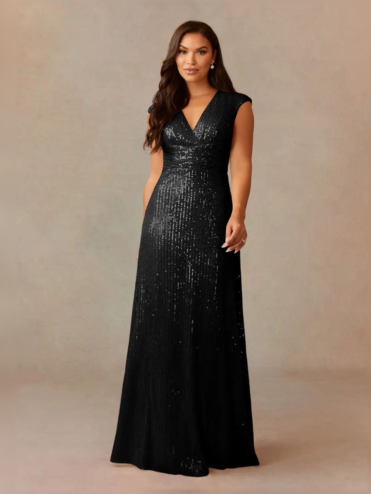 V Neck Ruching Sequin Floor-Length Formal Dress