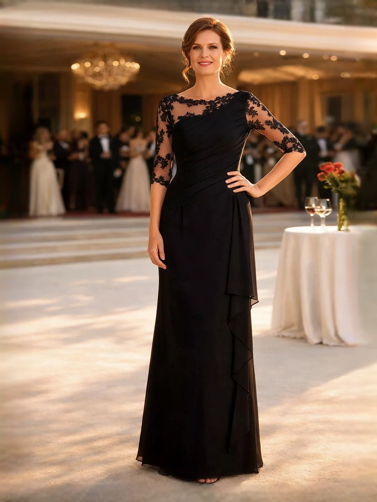Ruched Draped Floral One Shoulder Sheath Floor-Length Chiffon Mother of the Bride Dress for Wedding Celebration
