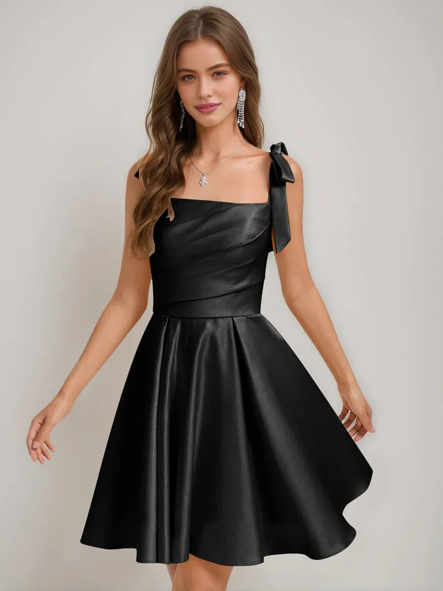 Corset Bow Square Neck A-Line Short Satin Homecoming Dress for Milestone Birthday