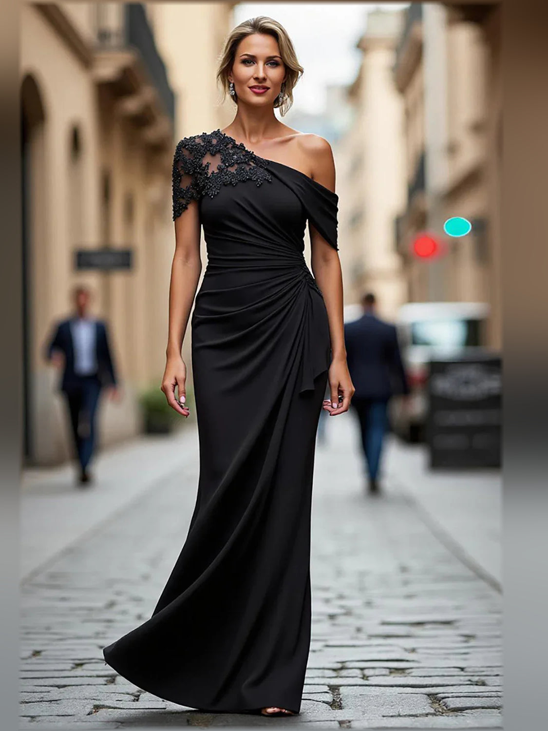 One-Shoulder Ruching Beading Floor-Length Formal Dress
