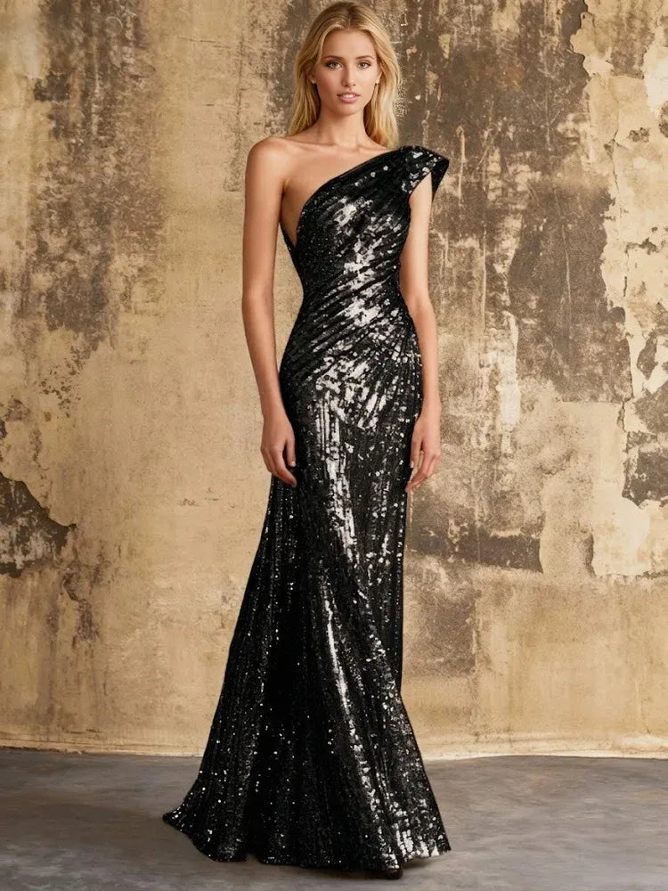 One-Shoulder Ruching Mermaid Floor-Length Ruched Formal Dress