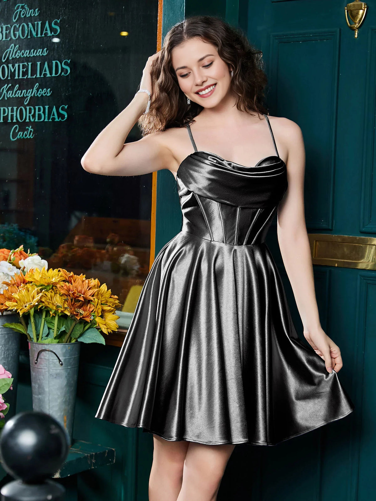 Corset Cowl Neck A-Line Mini Satin Homecoming Dress for Dinner Reception