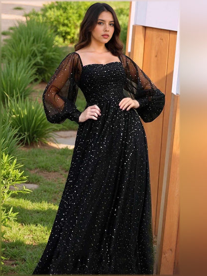Square Neck Long Sleeves Corset Floor-Length Formal Dress