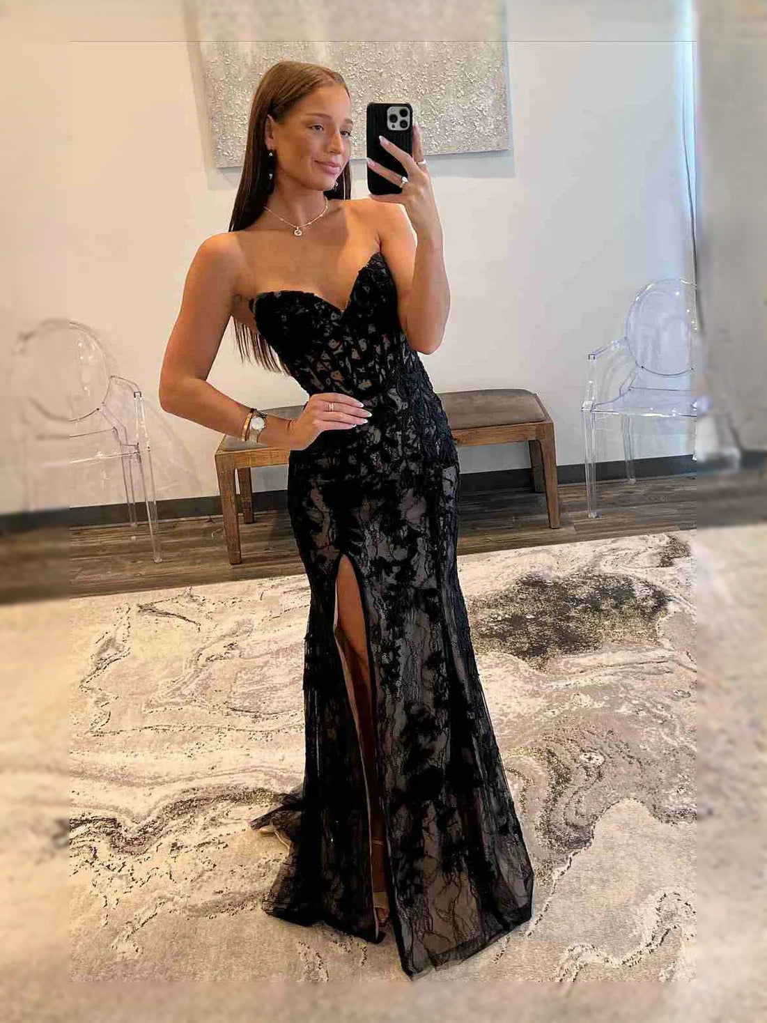 Black Corset Floral Slit Sweetheart Mermaid Floor-Length Tulle Prom Dress for Evening Banquet