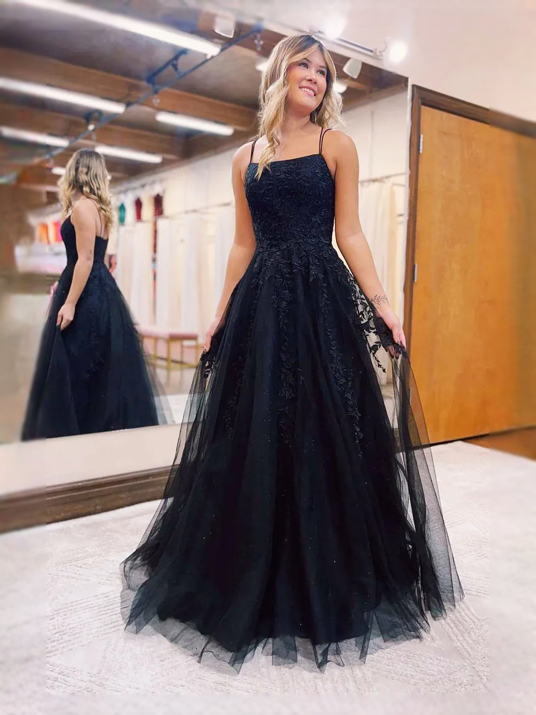 Black Draped Corset Floral Square Neck A-Line Maxi Tulle Prom Dress for Charity Ball