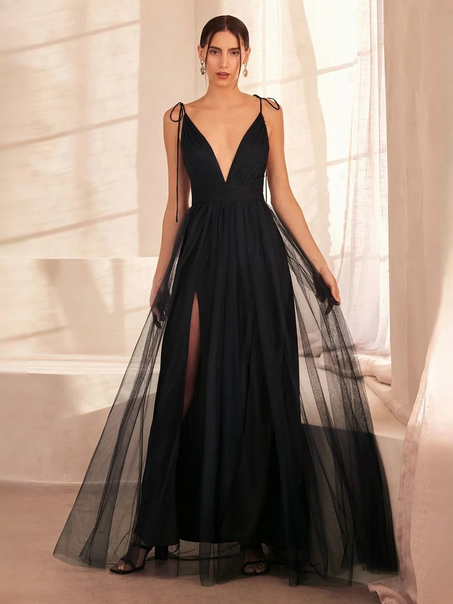 Draped V Neck A-Line Maxi Tulle Prom Dress for Charity Ball