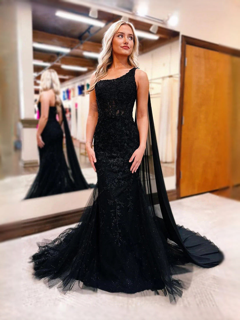 Black Draped Beaded One Shoulder Mermaid Floor-Length Tulle Prom Dress for Gala