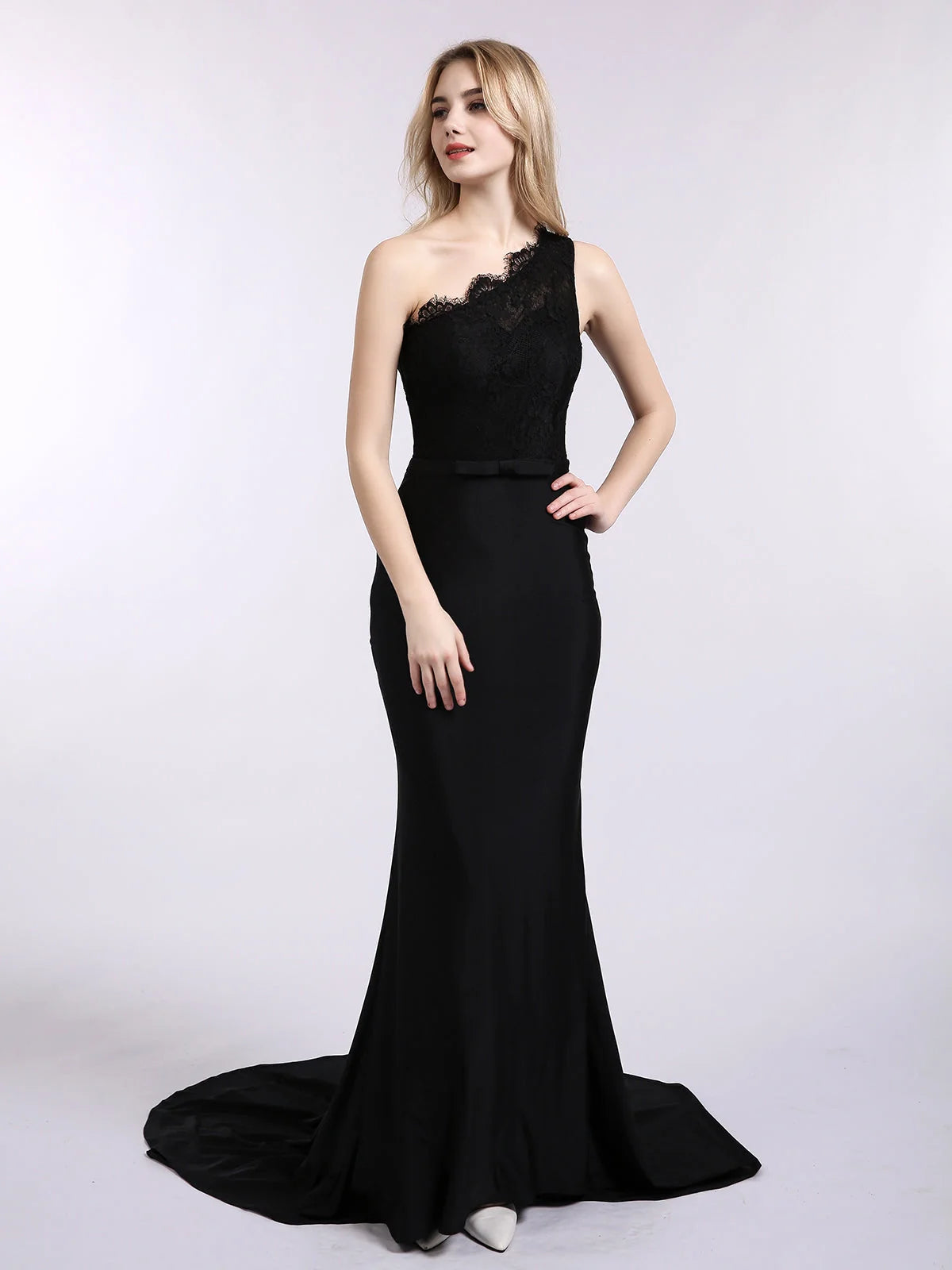 Black Draped Bow One Shoulder Mermaid Maxi Satin Prom Dress for Winter Formal