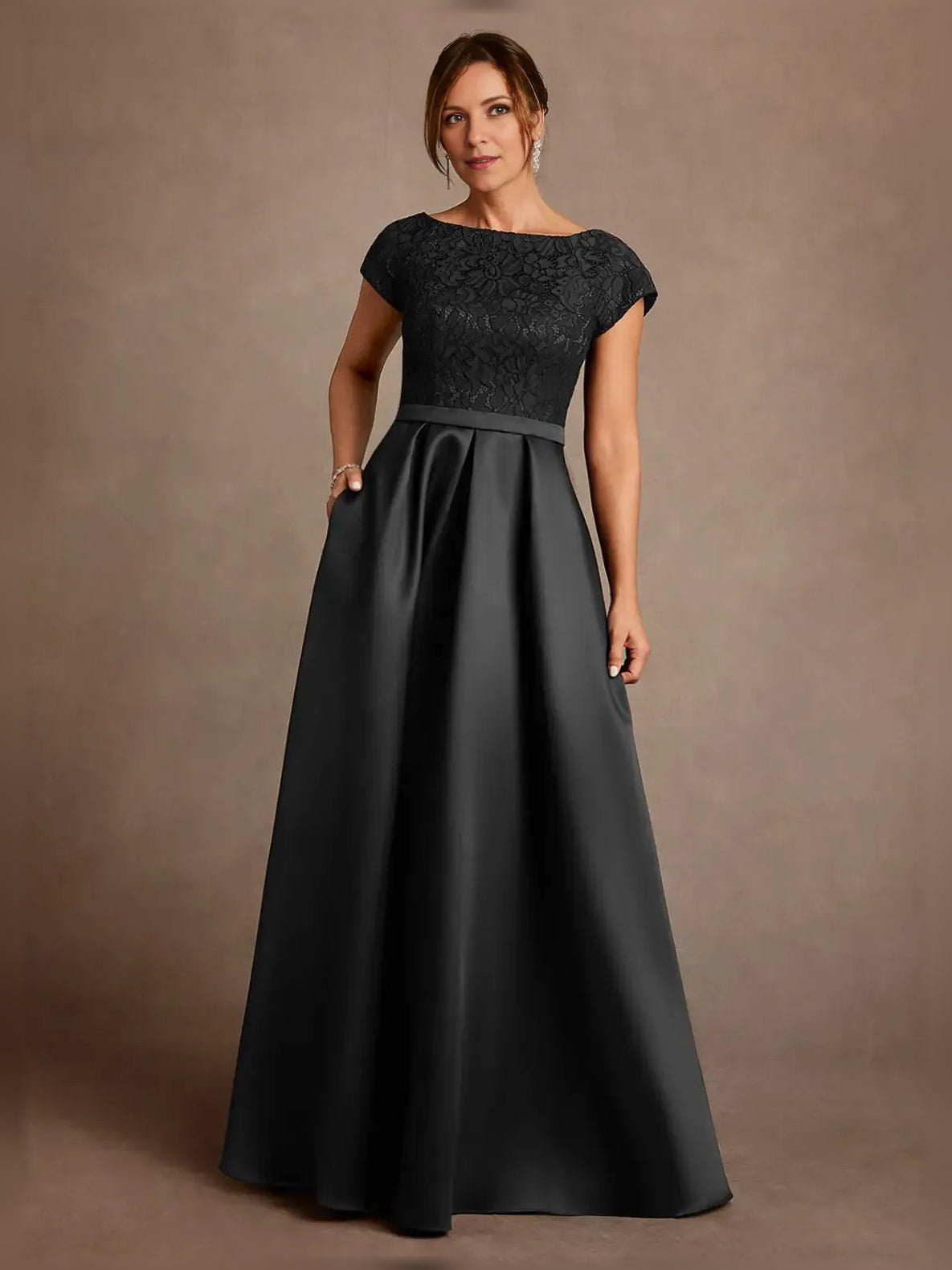 Draped Boat Neck A-Line Floor-Length Satin Mother of the Bride Dress for Reception Dinner