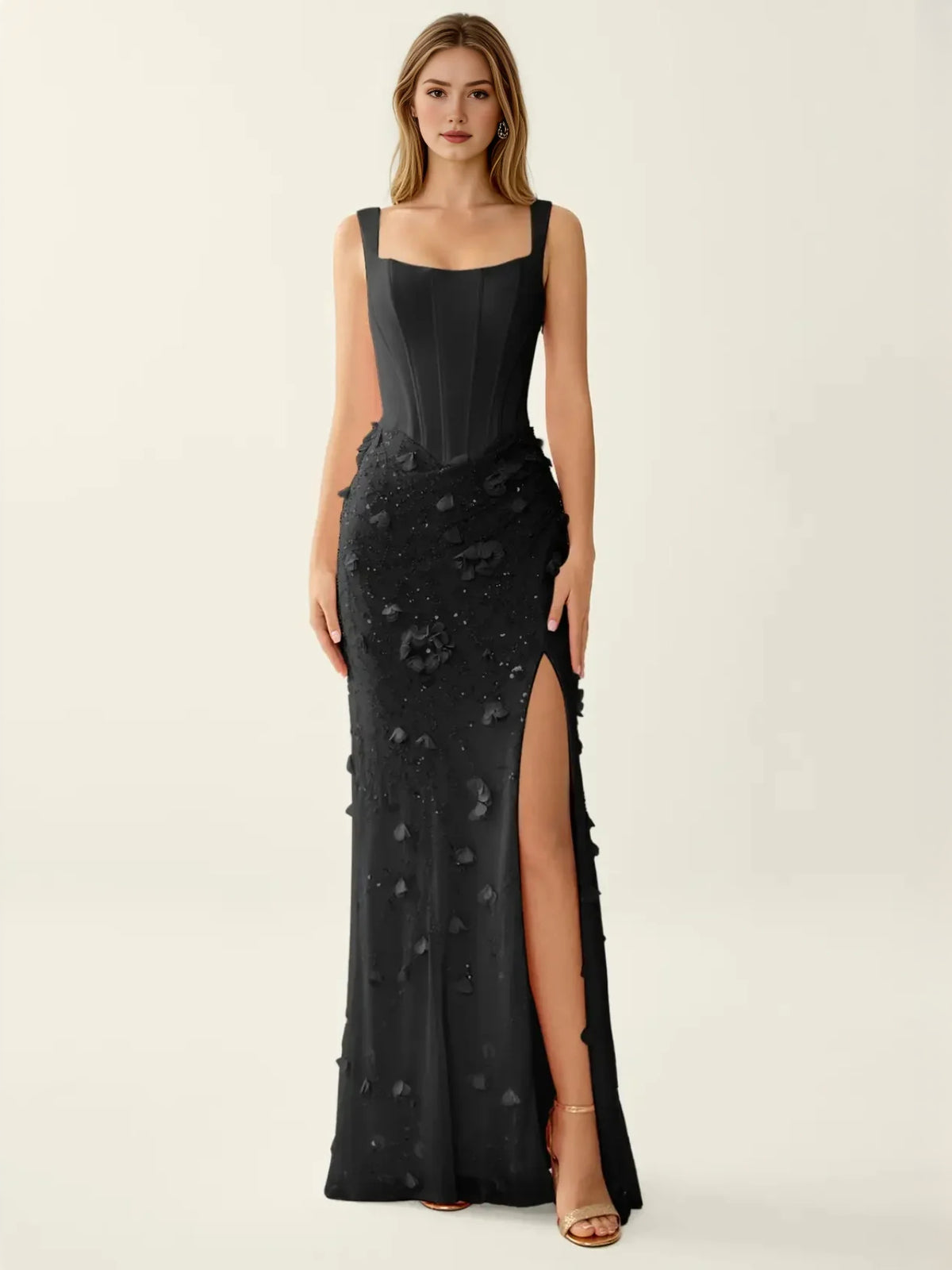 Corset Side-Slit Floral Slit Square Neck Sheath Maxi Prom Dress for Special Occasion