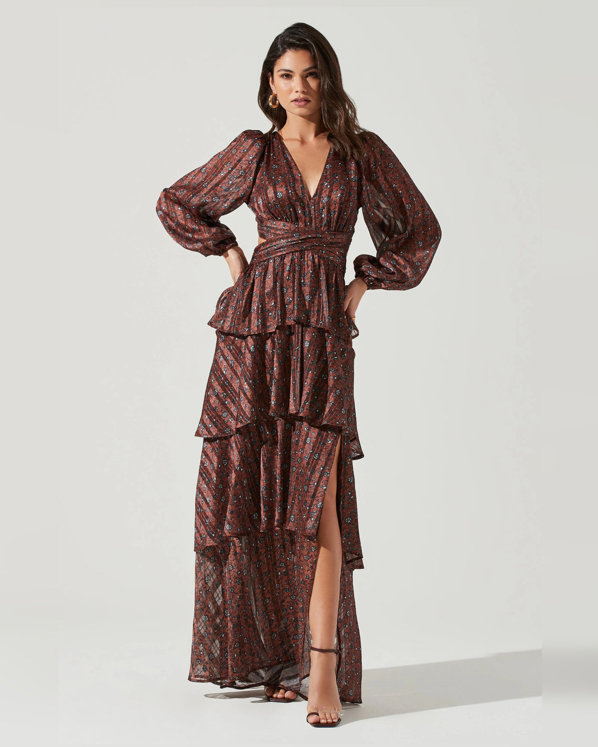 Tiered Floral Print Spaghetti Strap A-Line Maxi Formal Dress for Anniversary Dinner