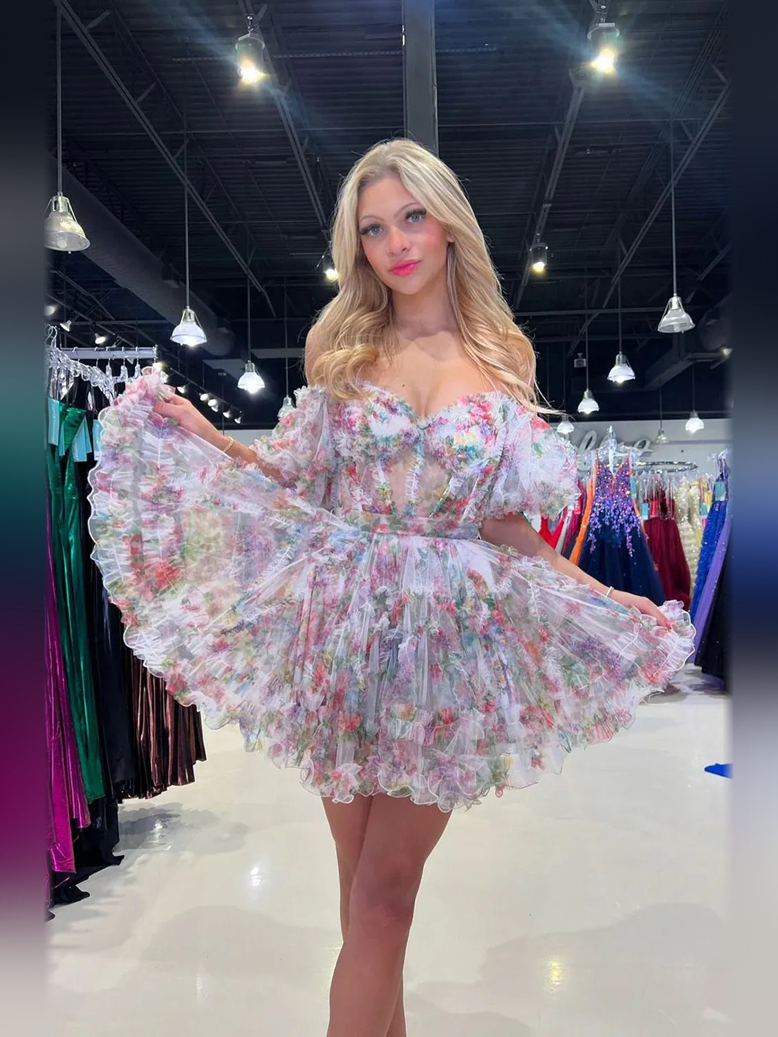 Corset Tiered Ruffled Off Shoulder A-Line Mini Tulle Homecoming Dress for Evening Party