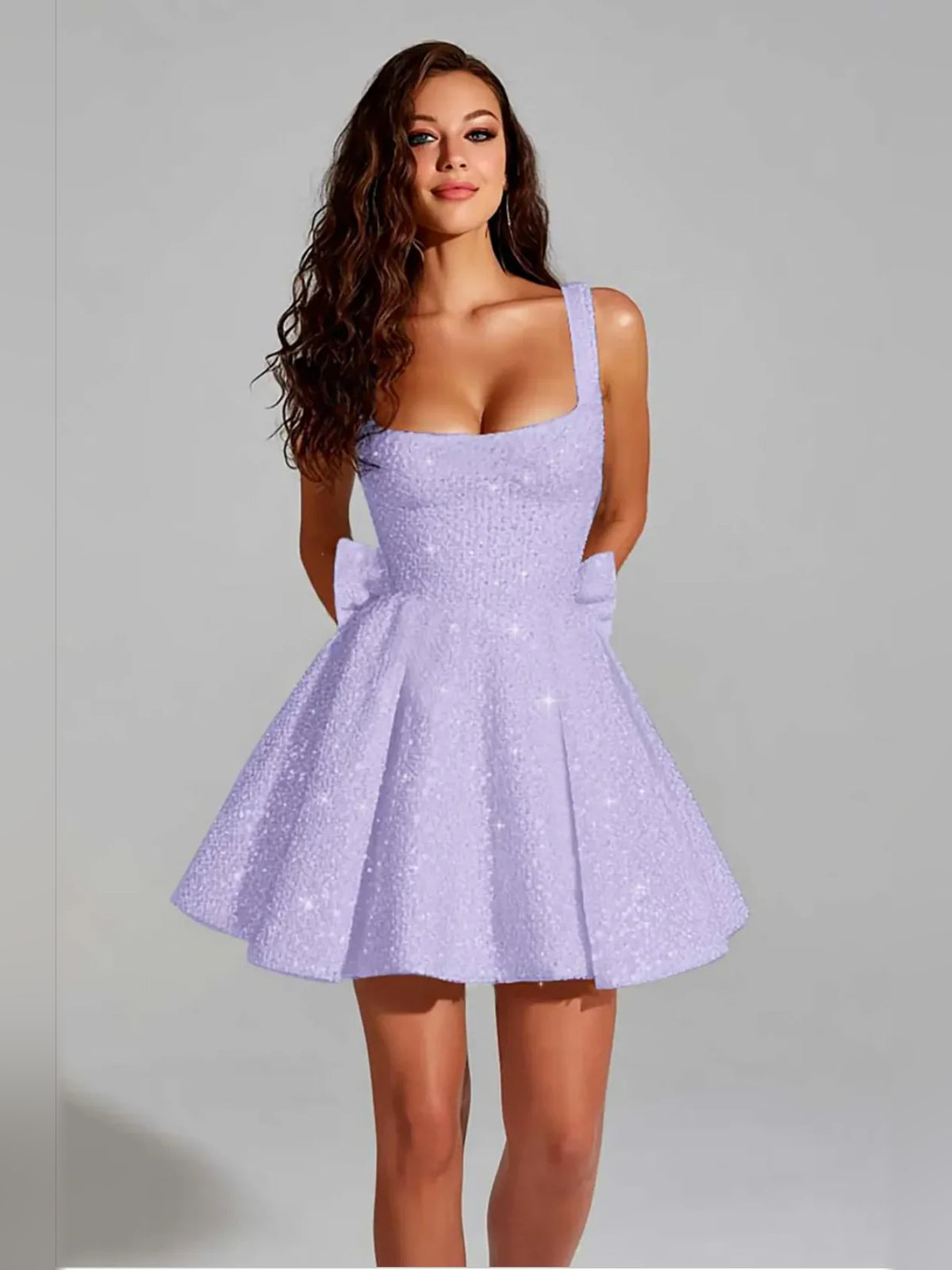 Bow Sequin Square Neck A-Line Mini Homecoming Dress for Graduation Party