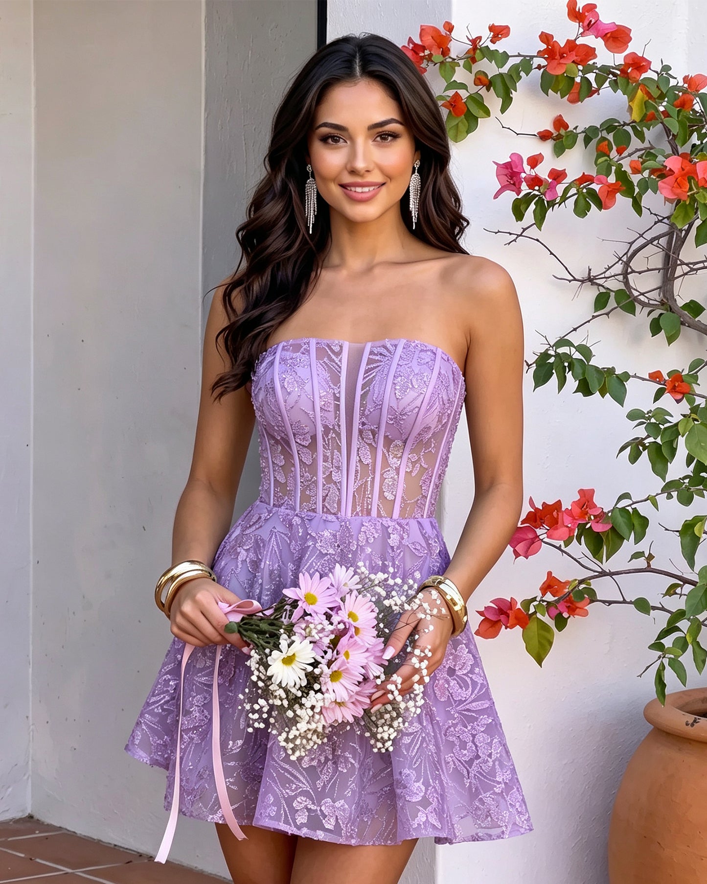 Strapless Floral Lace Corset A-Line Mini Homecoming Dress