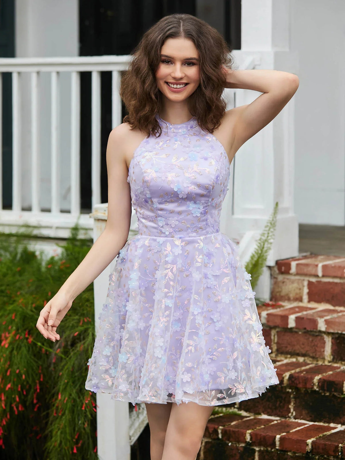Floral Backless Halter Neck A-Line Mini Tulle Homecoming Dress for Evening Celebration