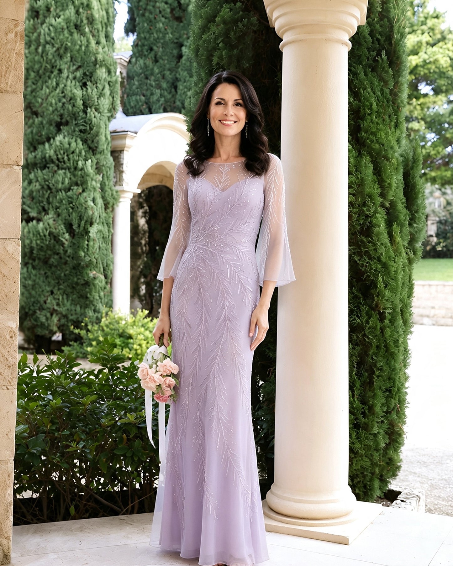 Beaded Illusion Neck Mother of the Bride Dress with Bell Sleeves