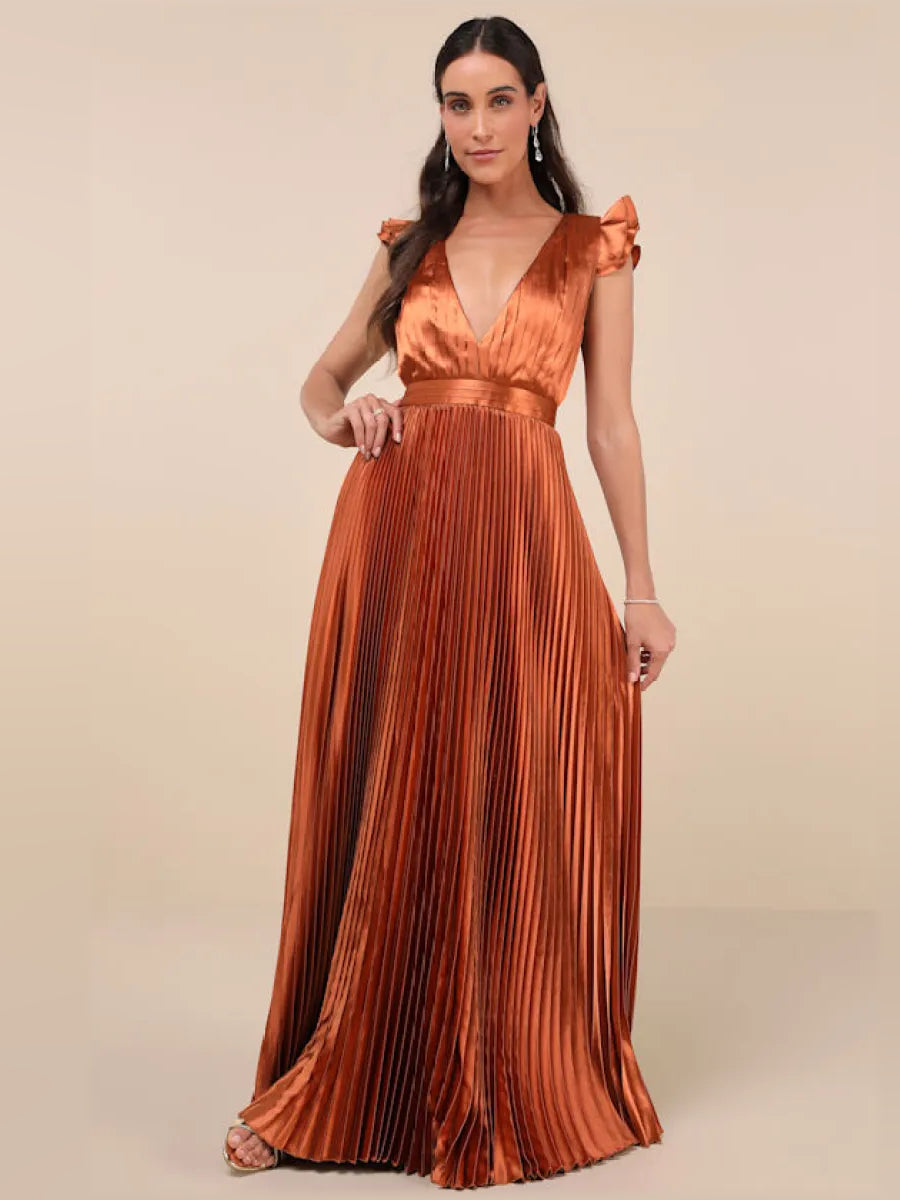 V Neck Pleats Ruffles Floor-Length Formal Dress