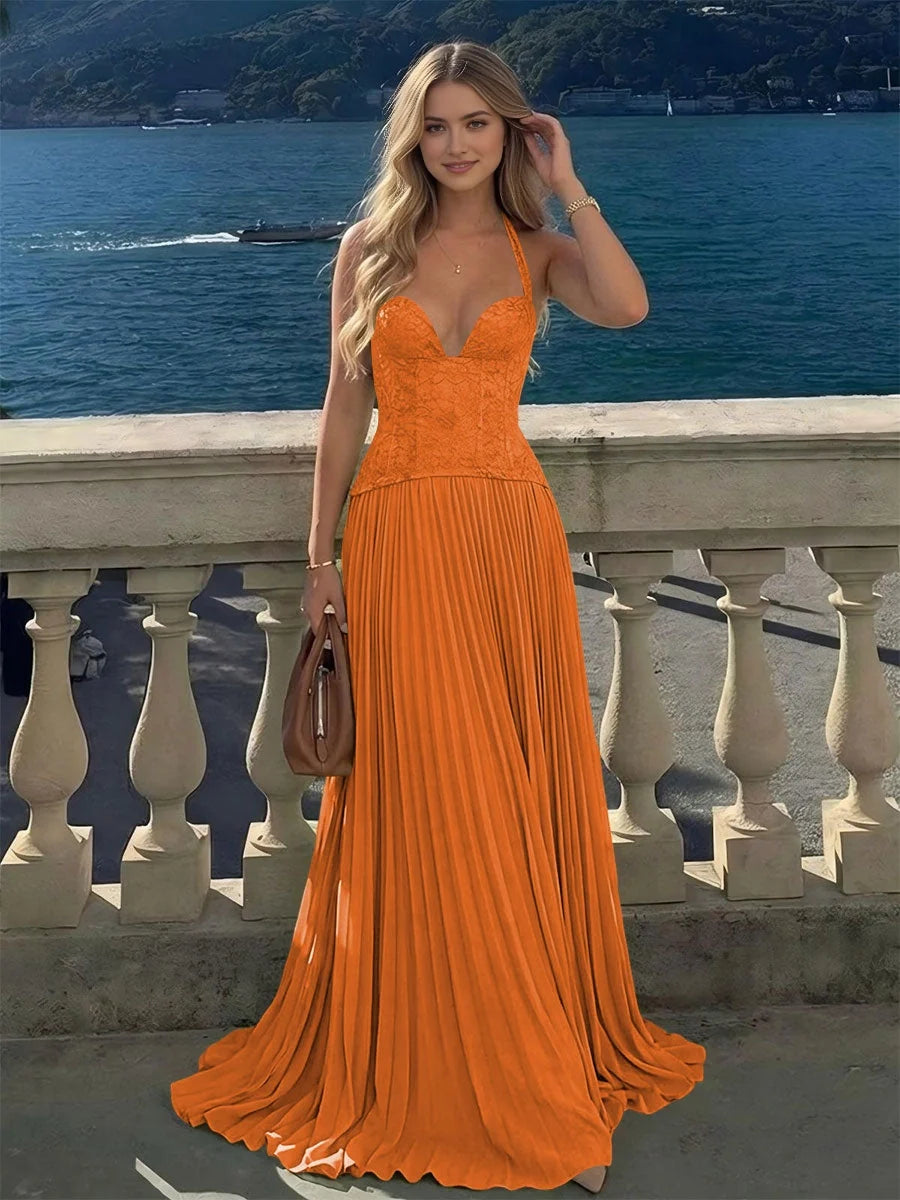 Pleated Corset Floral Sweetheart A-Line Maxi Chiffon Bridesmaid Dress for Destination Wedding