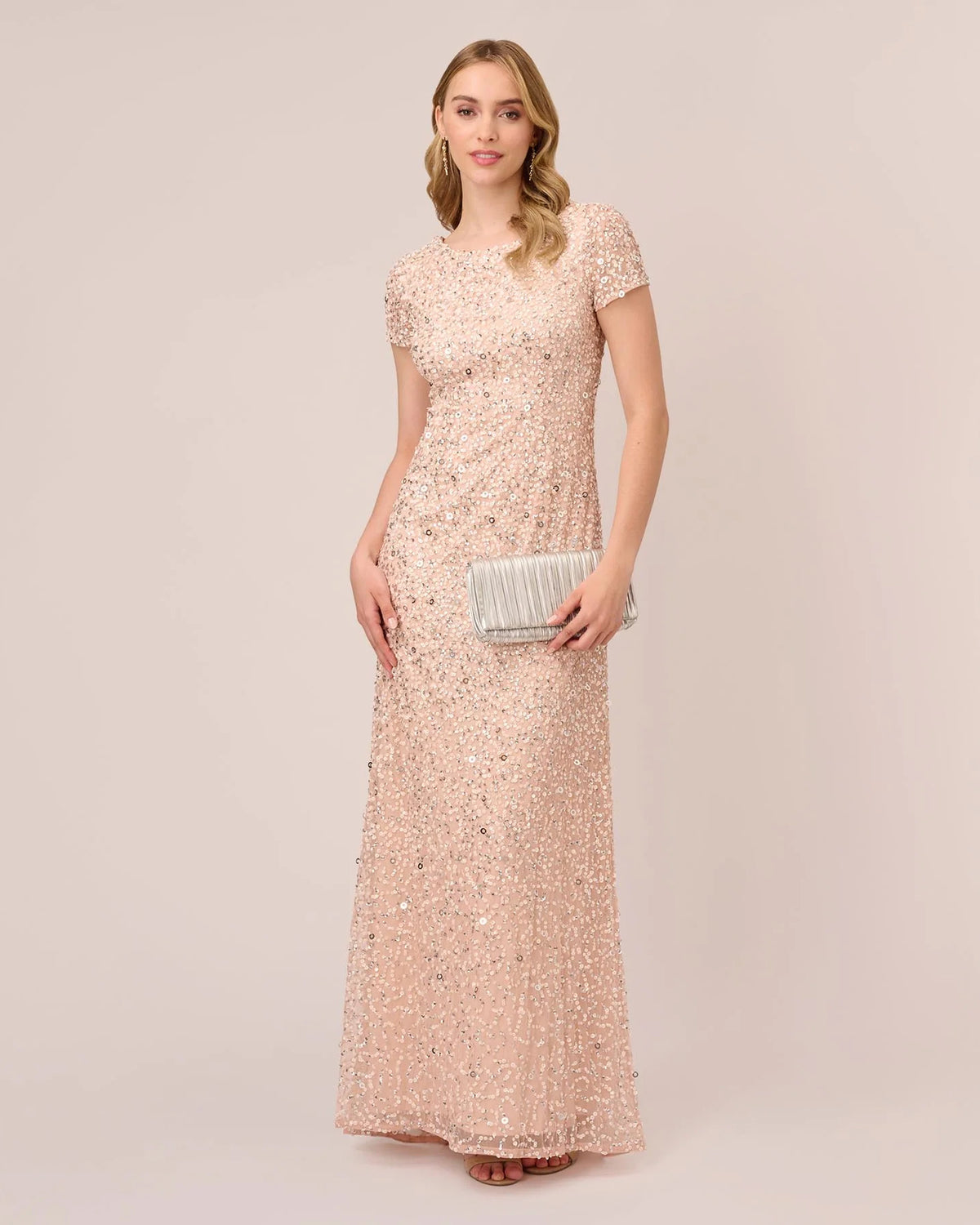Beaded Sequin Short-Sleeve A-Line Floor-Length Mother of the Bride Dress for Wedding Dinner