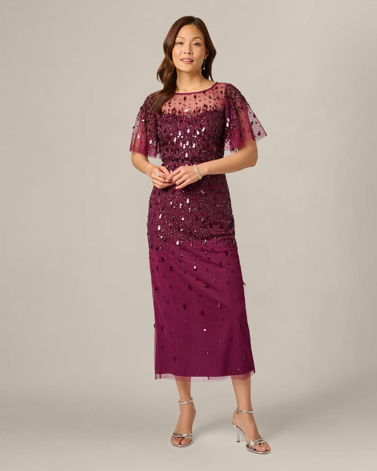 Embellished Flutter-Sleeve A-Line Midi Mother of the Bride Dress for Wedding Weekend