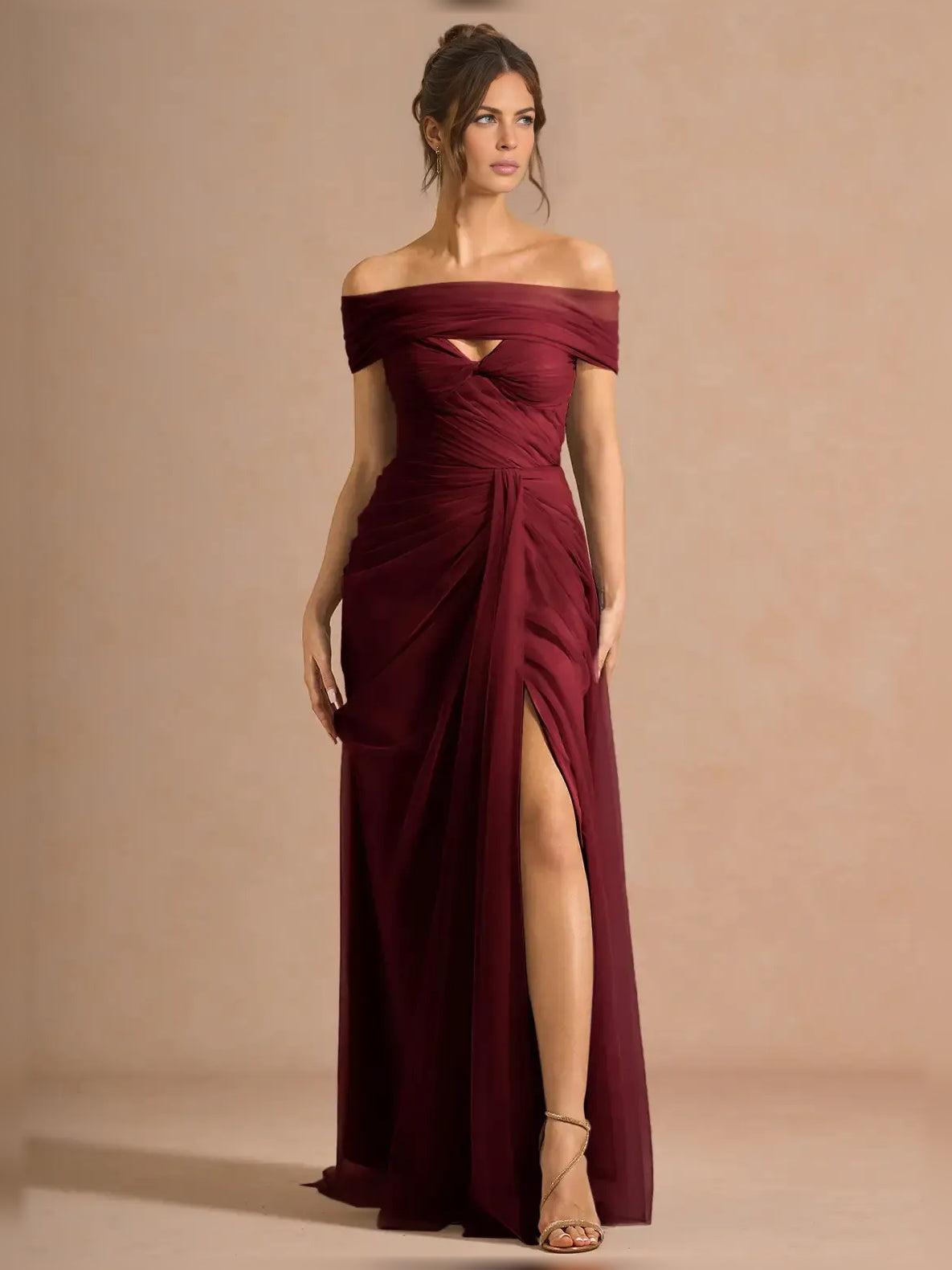Off-The-Shoulder Ruching Slit Floor-Length Elegant Formal Dress