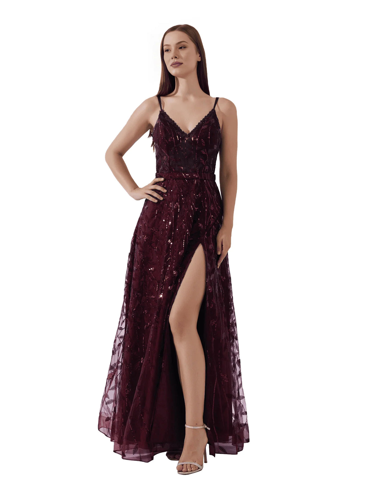 Embroidered Sequin Slit V Neck A-Line Floor-Length Prom Dress for Red Carpet Event