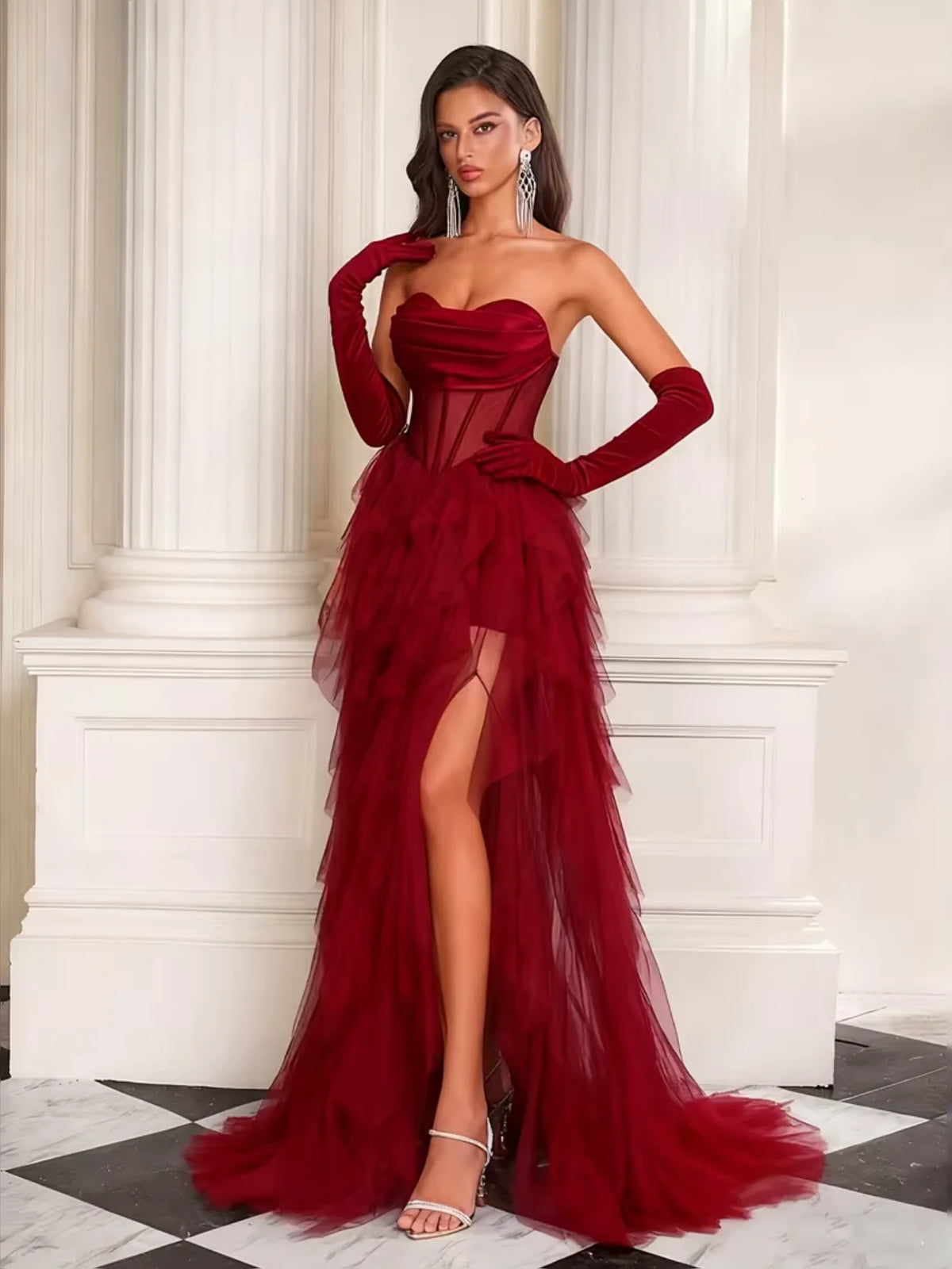 Corset Tiered Slit Strapless A-Line Floor-Length Tulle Prom Dress for Evening Ceremony