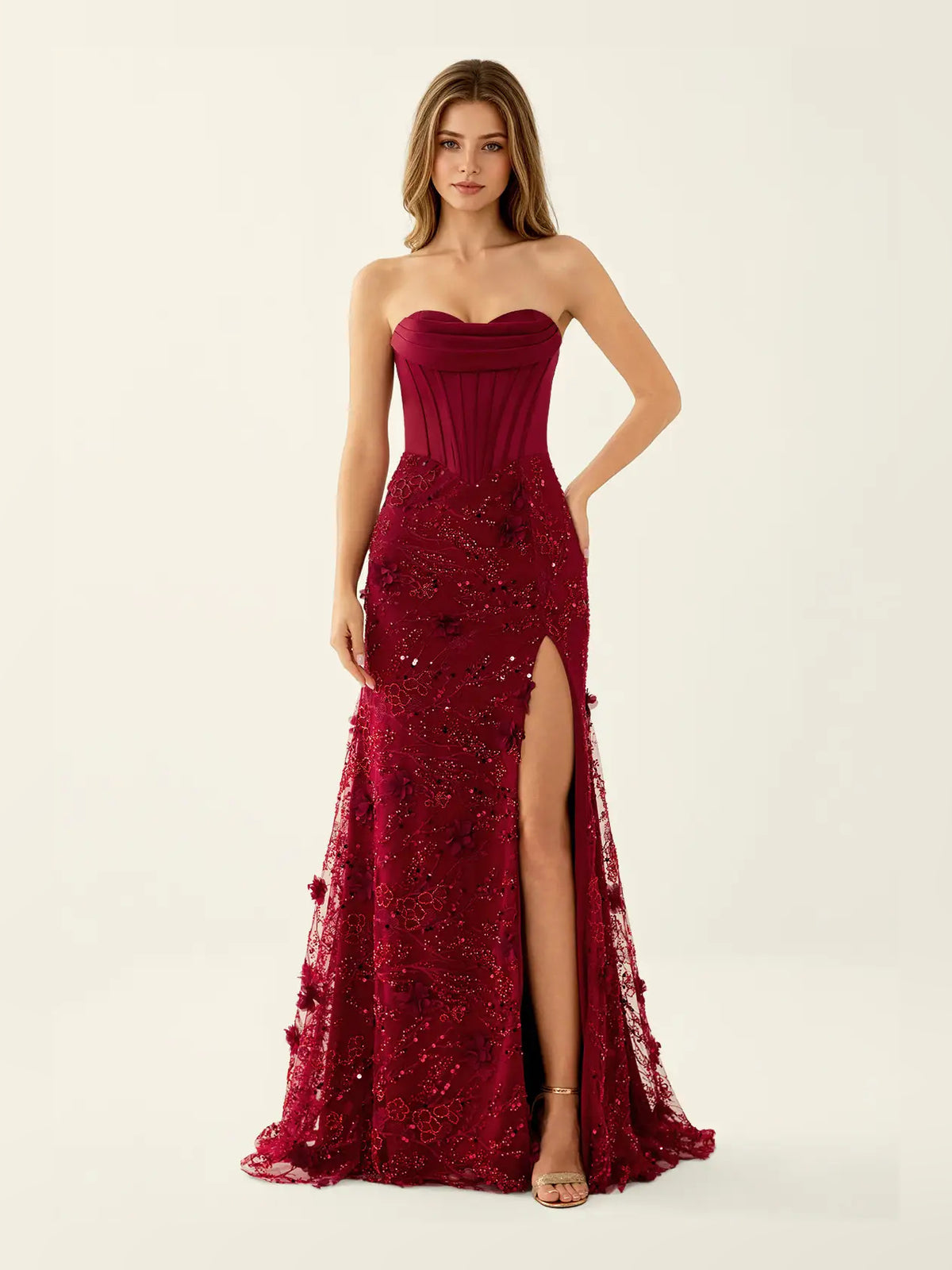 Corset Side-Slit Floral Slit Sweetheart Mermaid Maxi Prom Dress for Ballroom Event