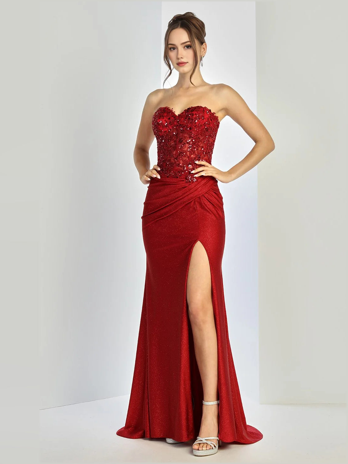 Pleated Embroidered Slit Strapless Mermaid Floor-Length Prom Dress for Evening Ceremony