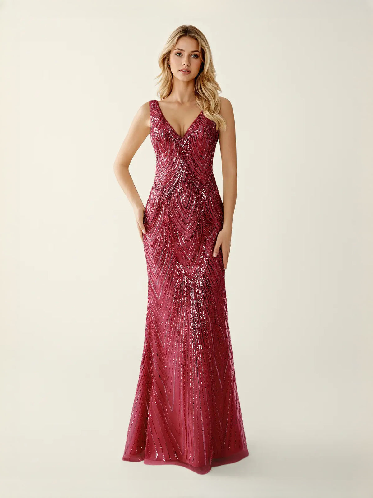 Sequin V Neck Mermaid Maxi Prom Dress for Evening Ceremony