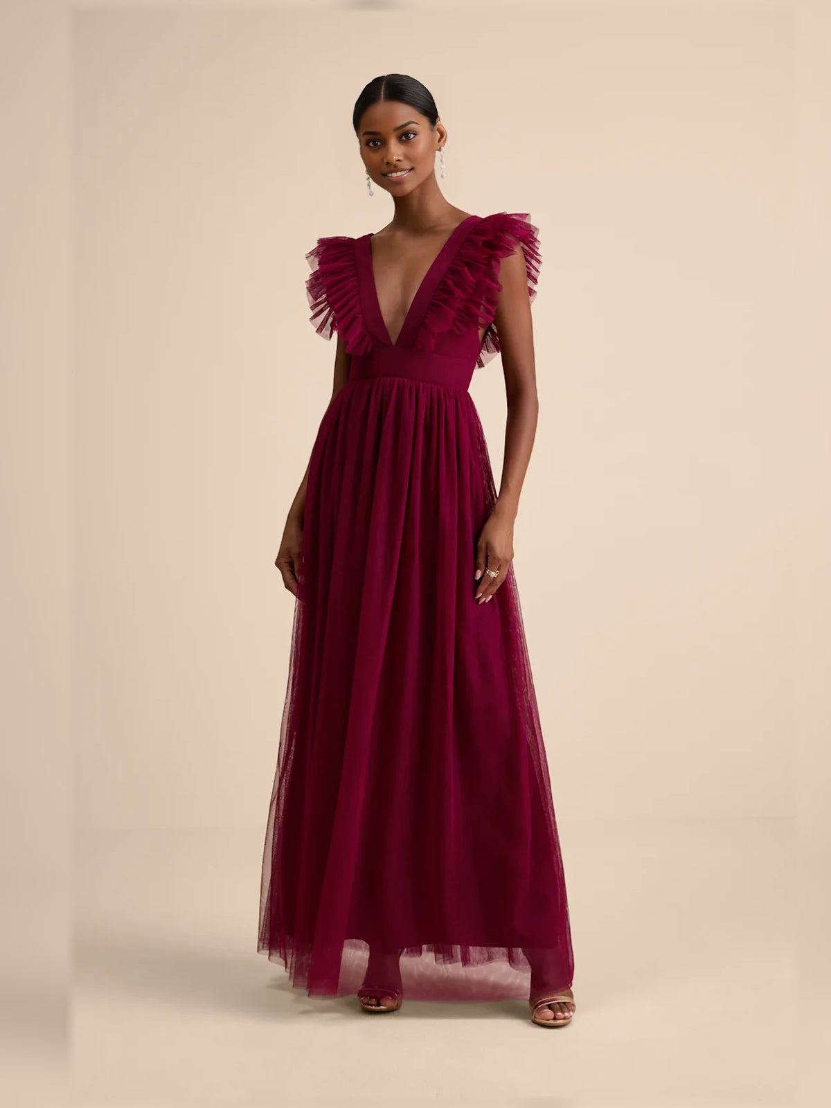 Ruffled V Neck A-Line Maxi Bridesmaid Dress for Garden Wedding
