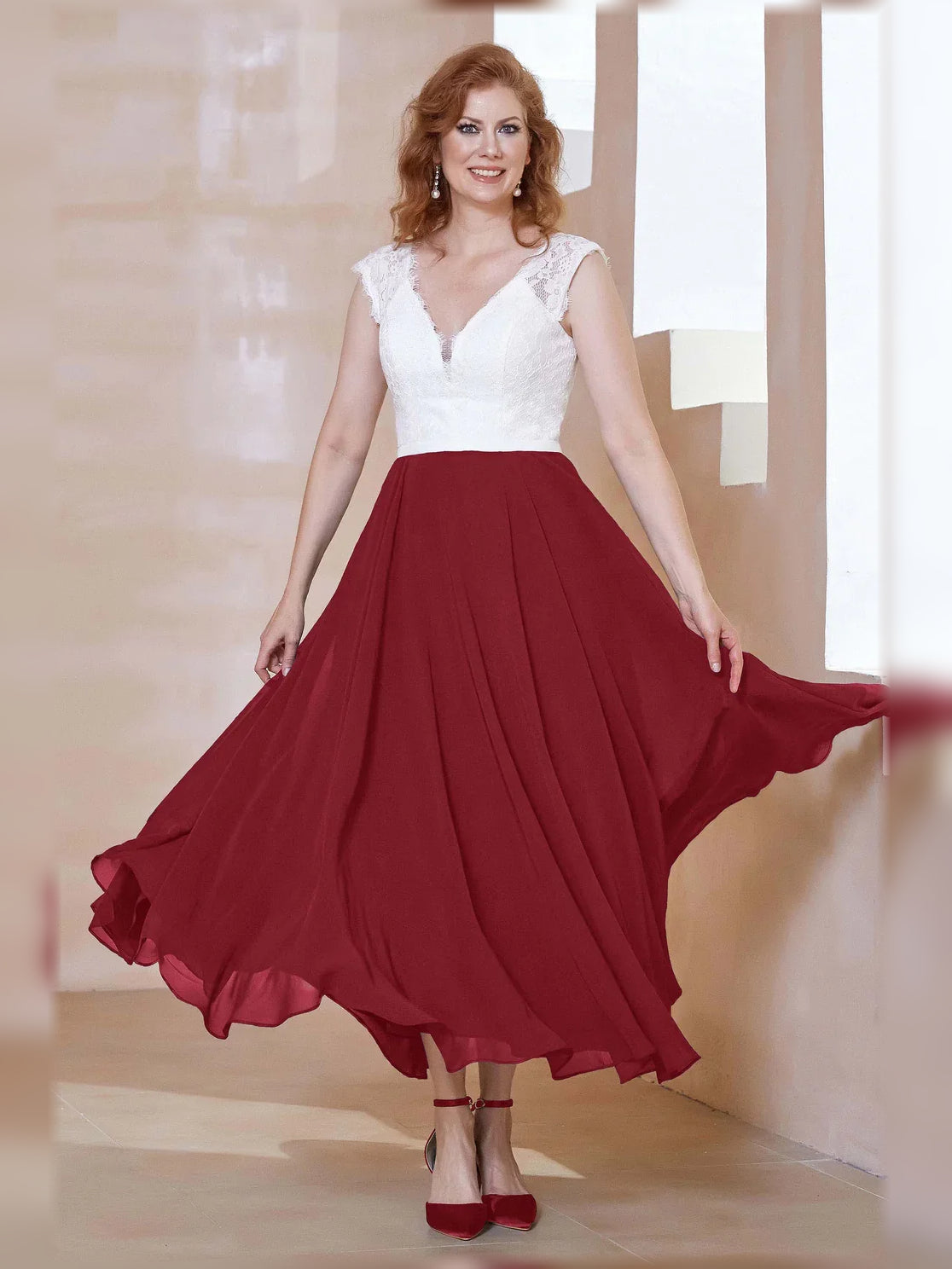 V Neck A-Line Midi Chiffon Mother of the Bride Dress for Ceremony Dinner