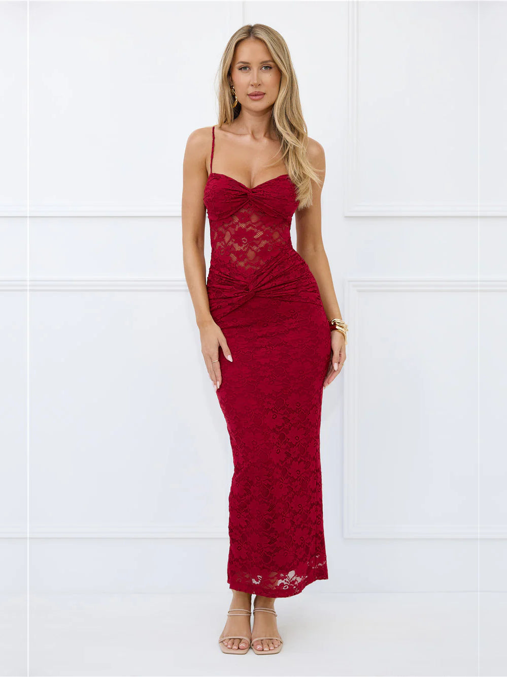 Burgundy Spaghetti Strap Sheath Lace Maxi Formal Dress