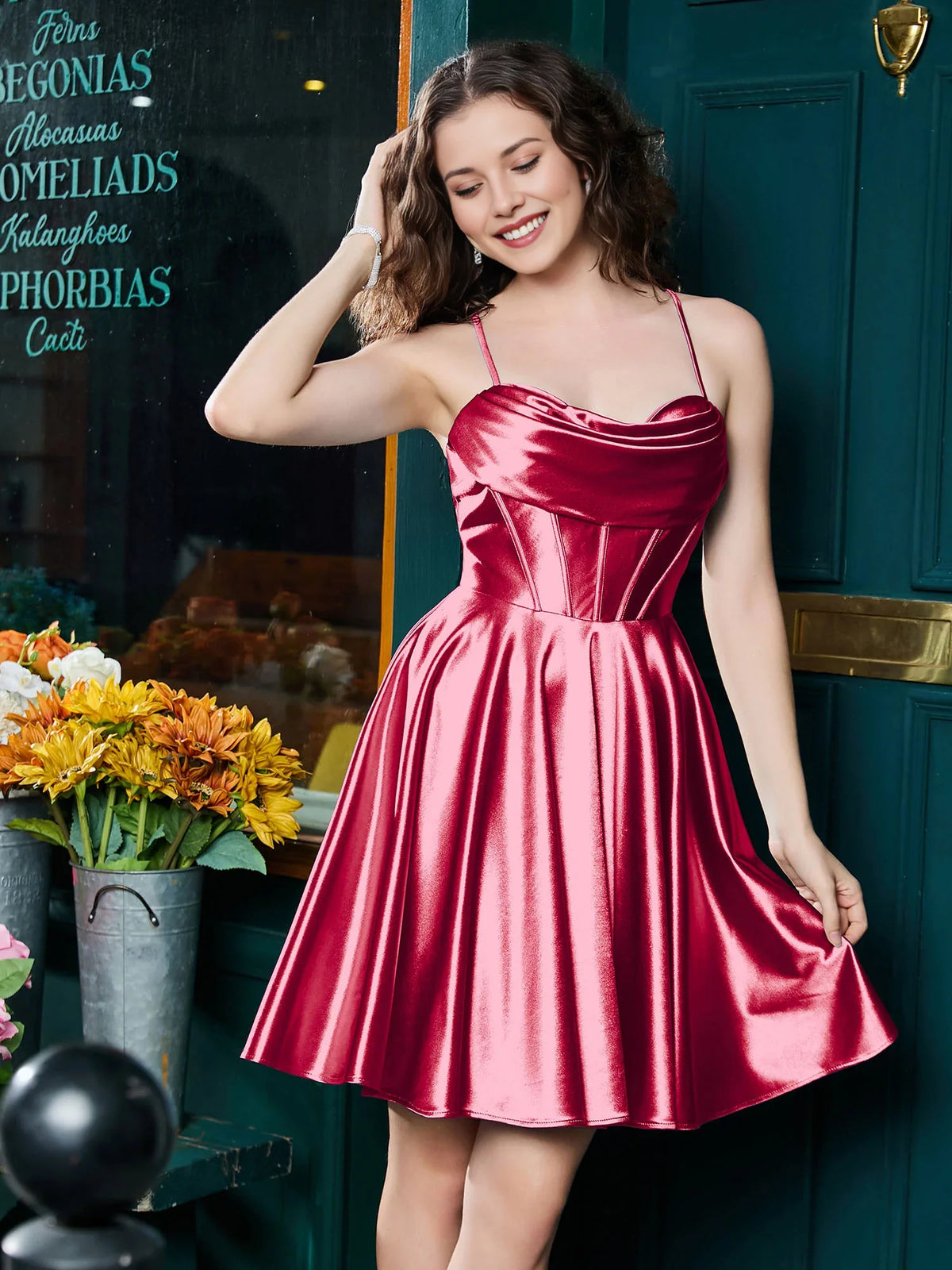 Corset Cowl Neck A-Line Mini Satin Homecoming Dress for Dinner Reception
