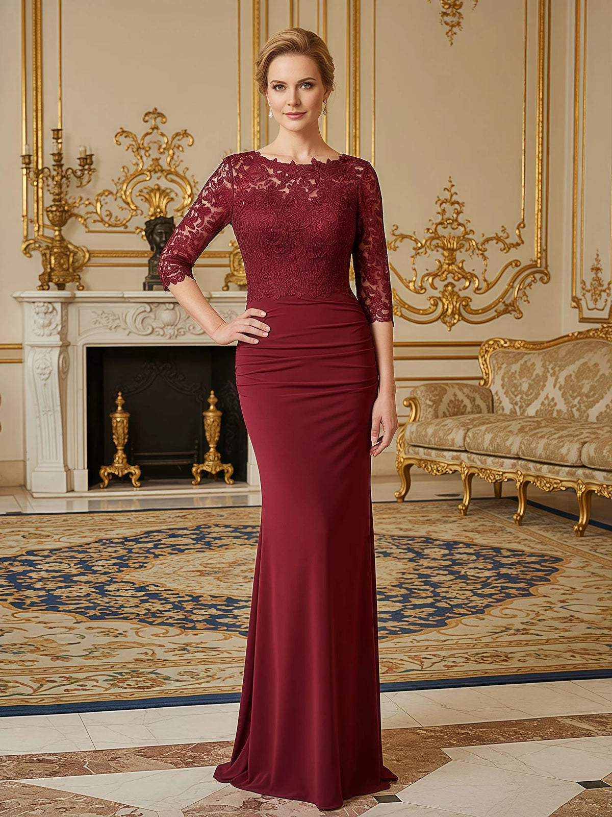 Ruched Draped Floral Boat Neck Sheath Maxi Jersey Mother of the Bride Dress for Rehearsal Dinner