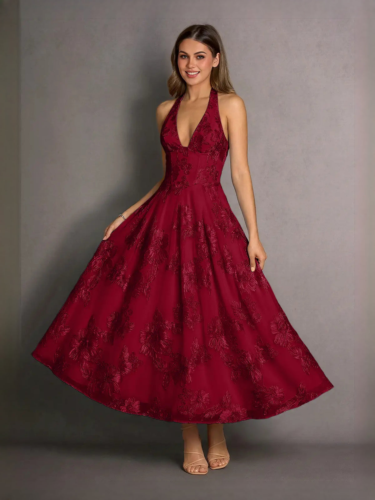 Floral Halter Neck A-Line Midi Prom Dress for Formal Reception