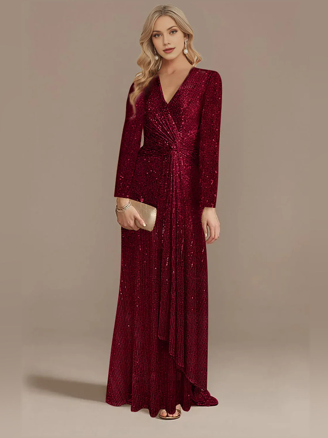 V Neck Long Sleeves Ruching Floor-Length Stunning Formal Dress