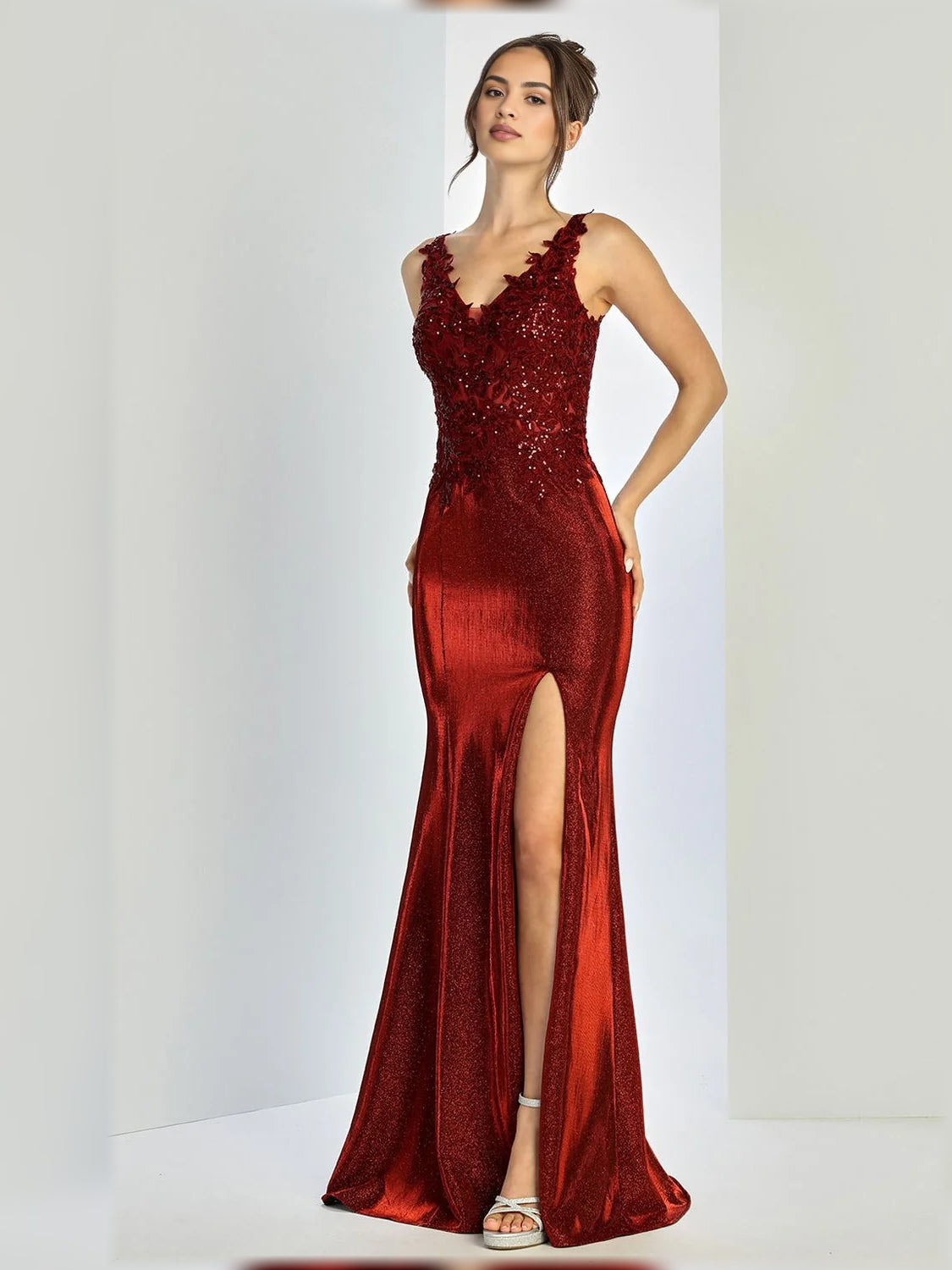 V Neck Slit Mermaid Floor-Length Formal Dress