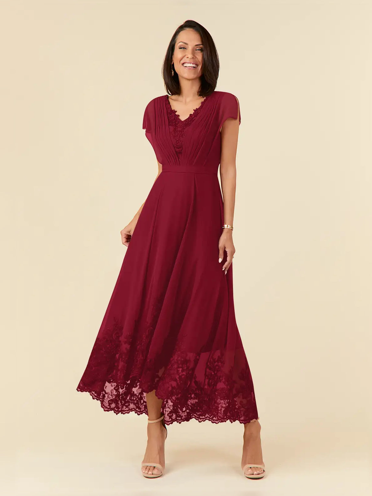 Pleated V Neck A-Line Midi Chiffon Mother of the Bride Dress for Wedding Celebration