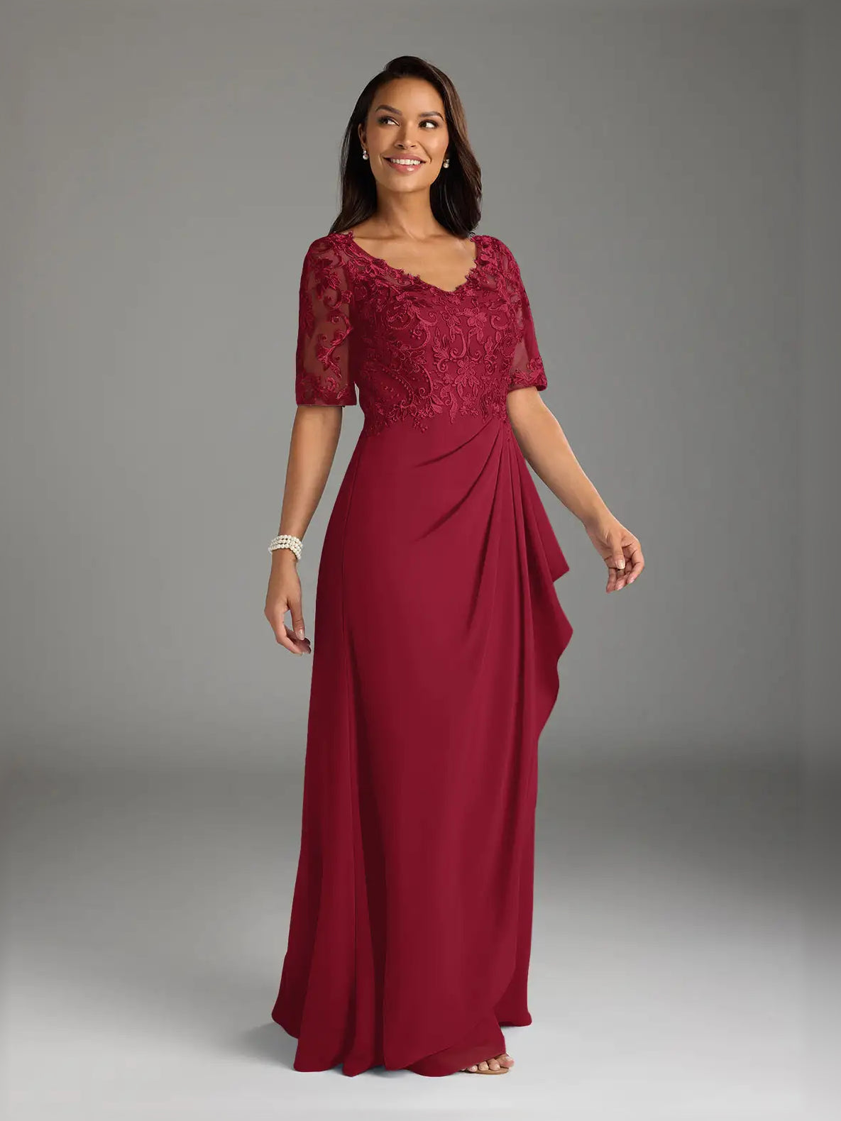 Ruffled Embroidered V Neck A-Line Maxi Chiffon Mother of the Bride Dress for Estate Wedding