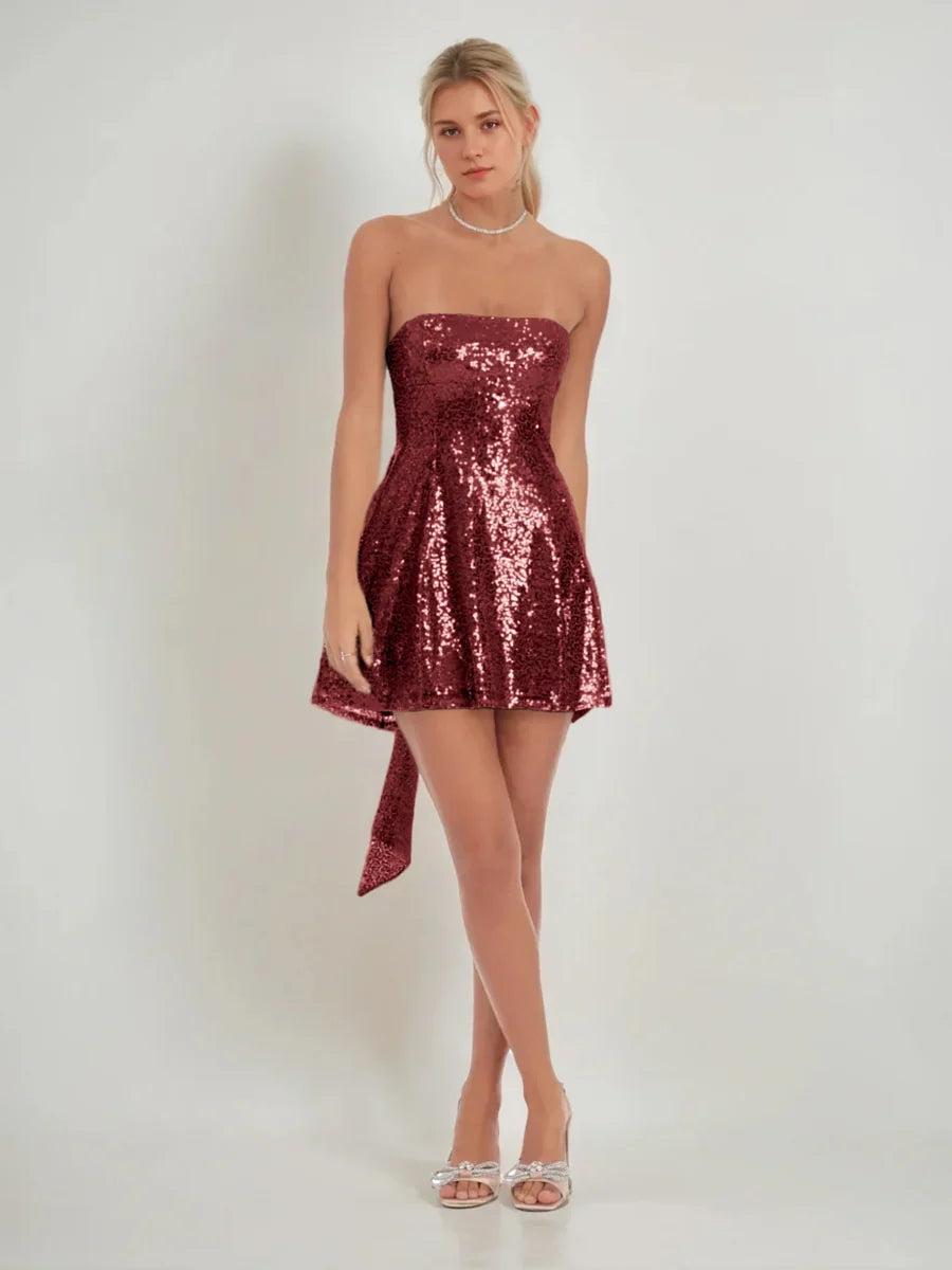 Bow Sequin Strapless A-Line Mini Homecoming Dress for Prom Night